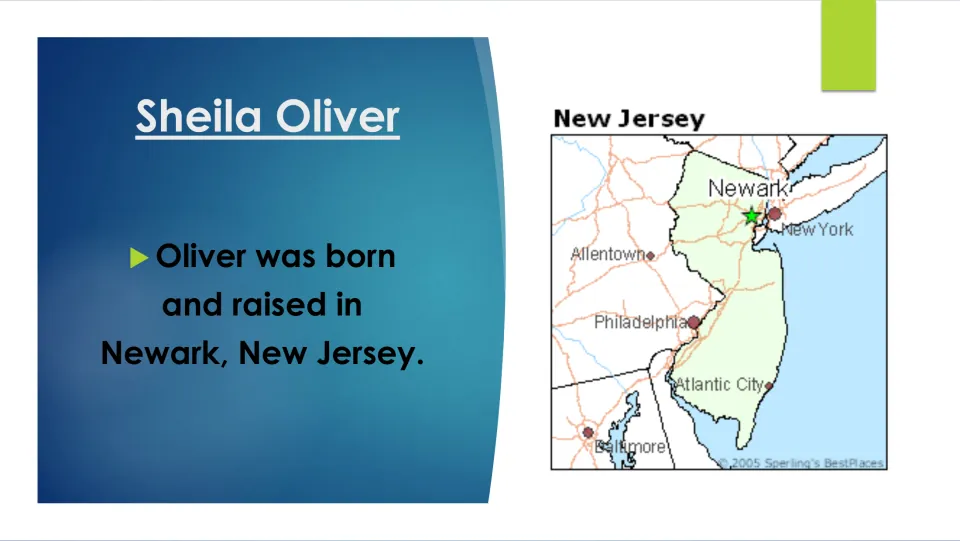 Biography slide stating that Sheila Oliver was born and raised in Newark, New Jersey, beside a state map