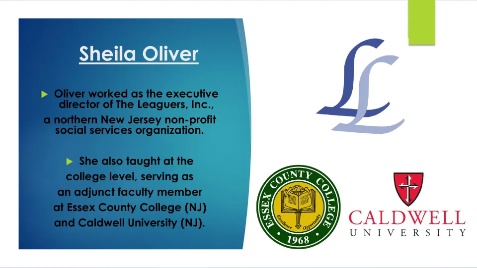 Career slide on Oliver’s leadership at The Leaguers, Inc. and teaching at Essex County College and Caldwell University