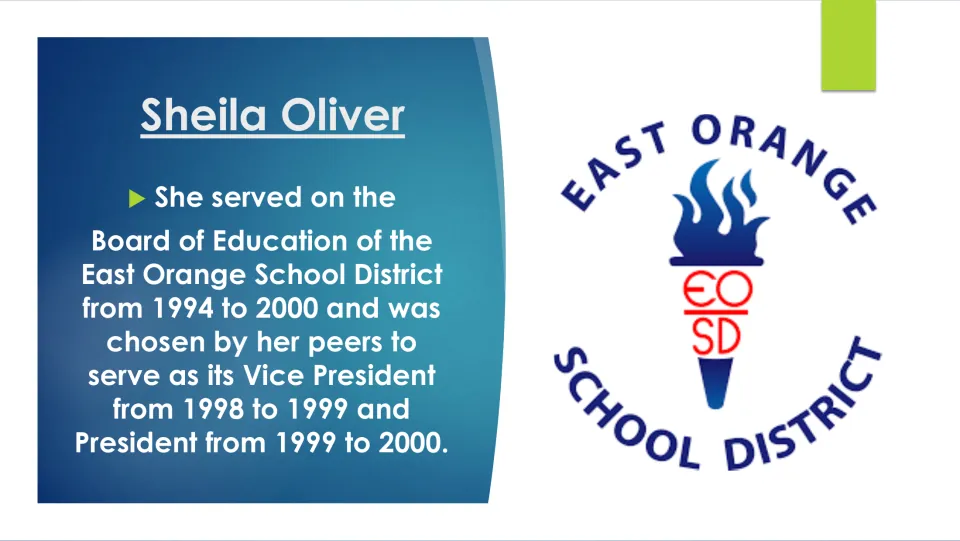 Public service slide on Oliver’s 1994–2000 East Orange school board service, including vice president and president