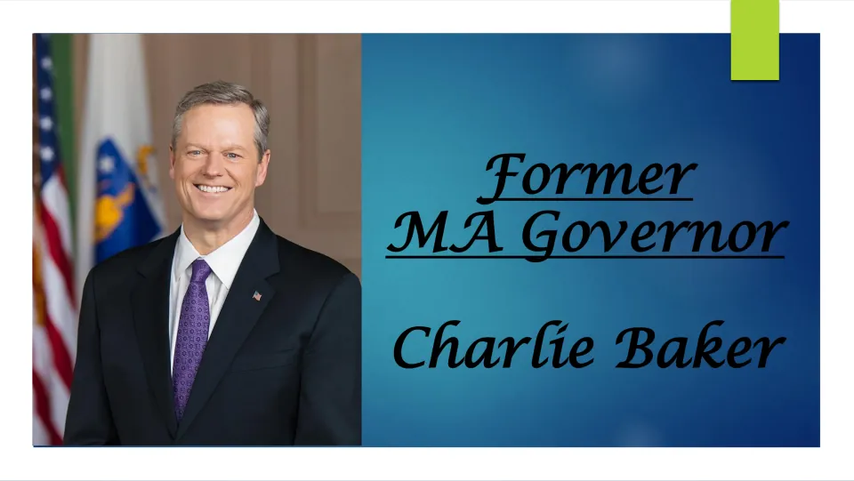 Biography presentation cover introducing Charlie Baker as a former Massachusetts governor, with his portrait
