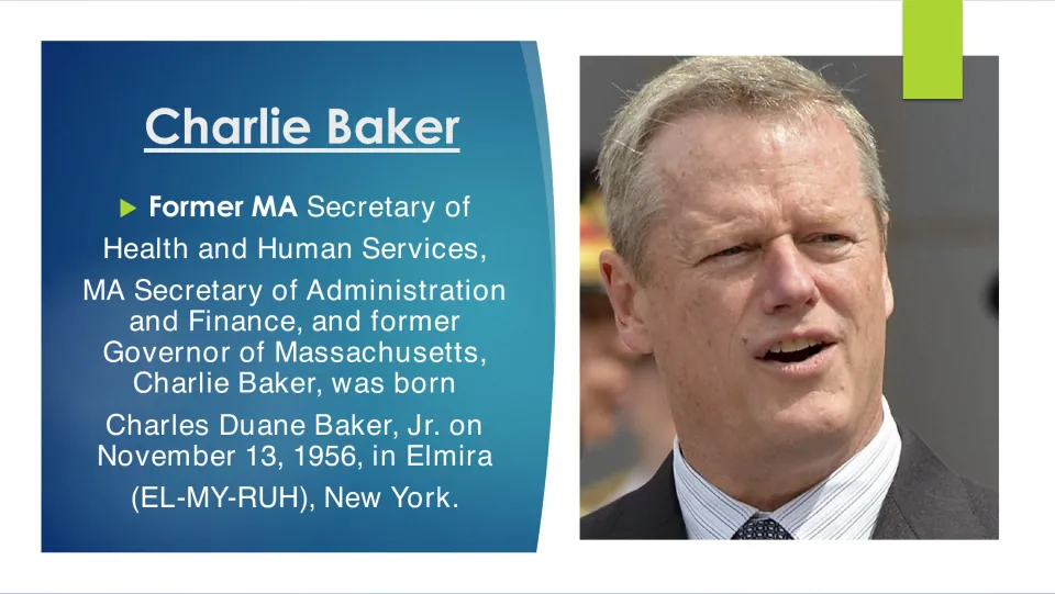 Biography slide listing Baker’s former state roles and his birth on November 13, 1956, in Elmira, New York