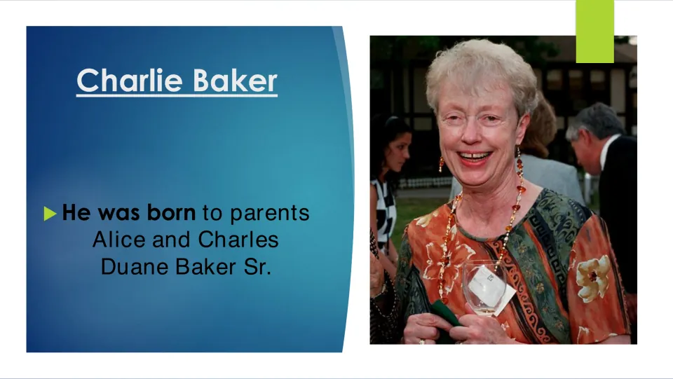 Family background slide naming Charlie Baker’s parents as Alice and Charles Duane Baker Sr., beside a portrait