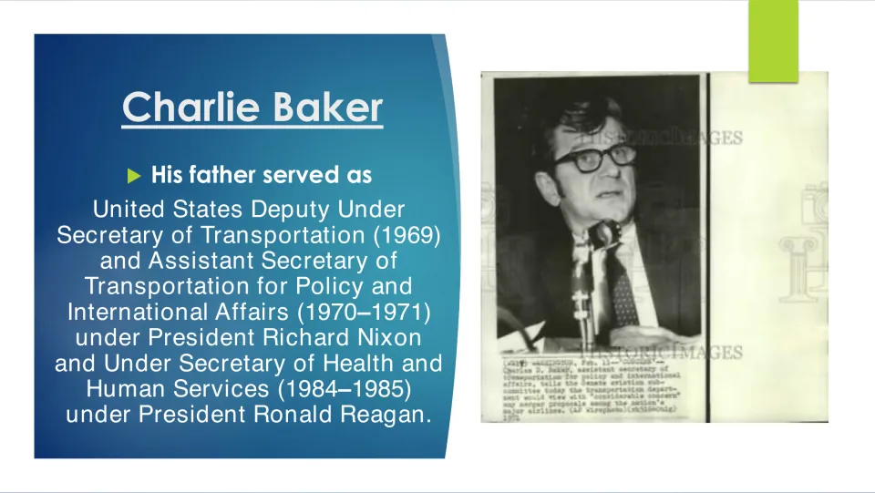 Family biography slide detailing Baker’s father’s federal transportation and health roles under Nixon and Reagan