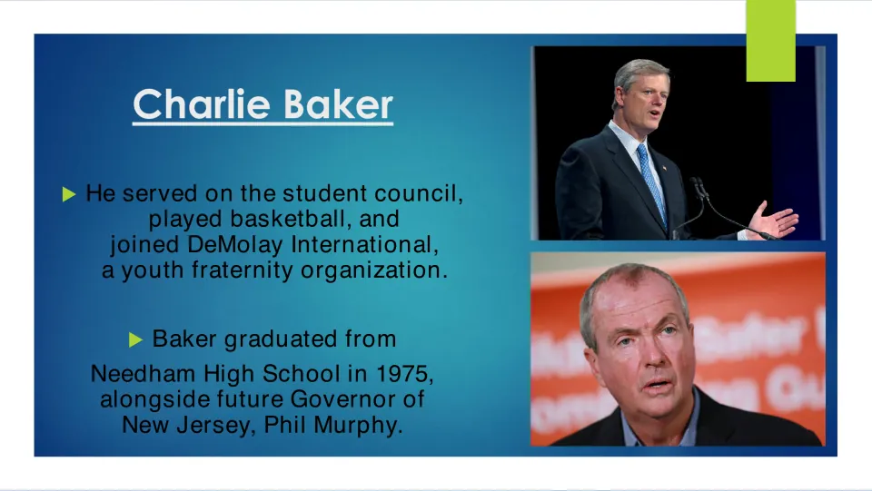 High school biography slide covering student council, basketball, DeMolay, and Baker’s 1975 graduation