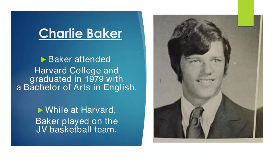 College biography slide describing Baker’s 1979 Harvard English degree and participation in JV basketball