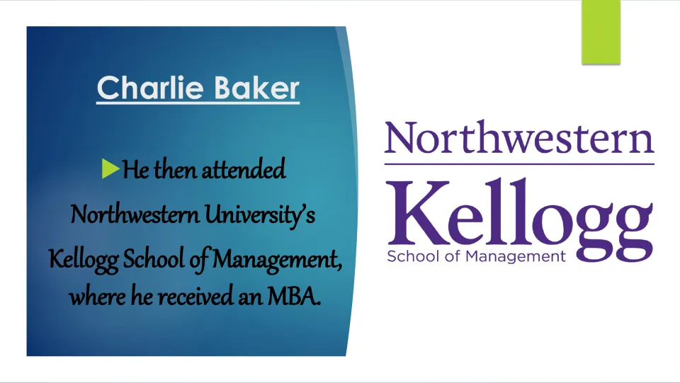 Graduate education slide stating that Baker earned an MBA at Northwestern University’s Kellogg School of Management