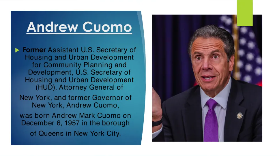 Biography slide introducing Cuomo's former public offices and his December 6, 1957, birth in Queens