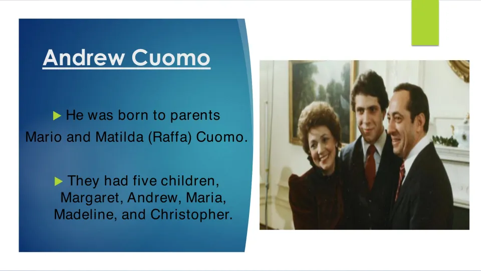 Family biography slide naming Cuomo's parents, Mario and Matilda (Raffa), and listing their five children