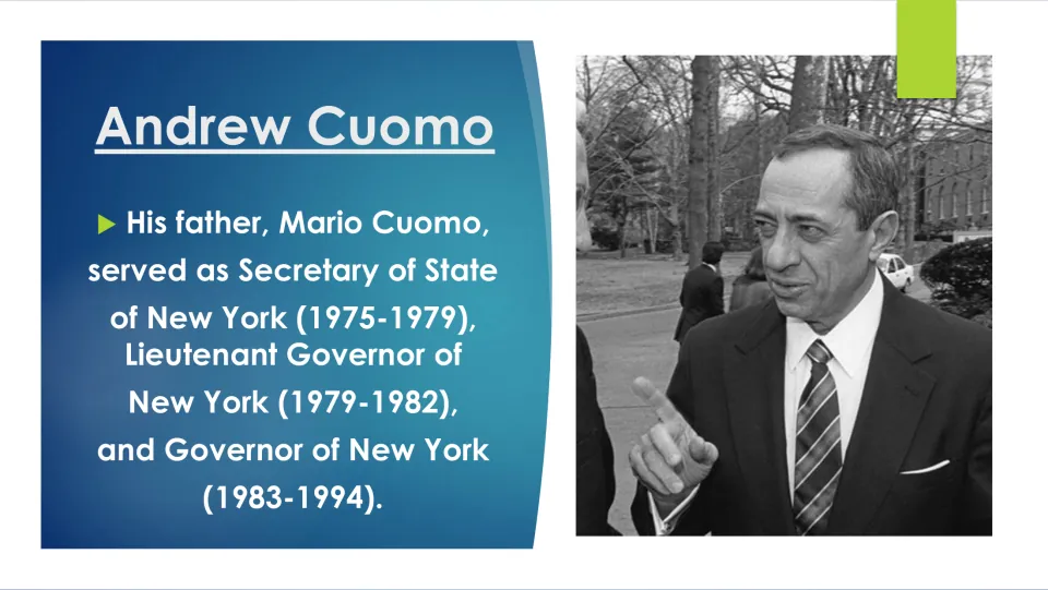 Family biography slide listing Mario Cuomo's service as New York secretary of state, lieutenant governor, and governor