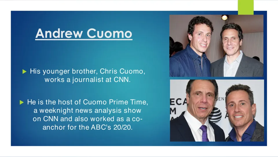 Family biography slide describing Chris Cuomo's journalism career, including CNN's Cuomo Prime Time and ABC's 20/20