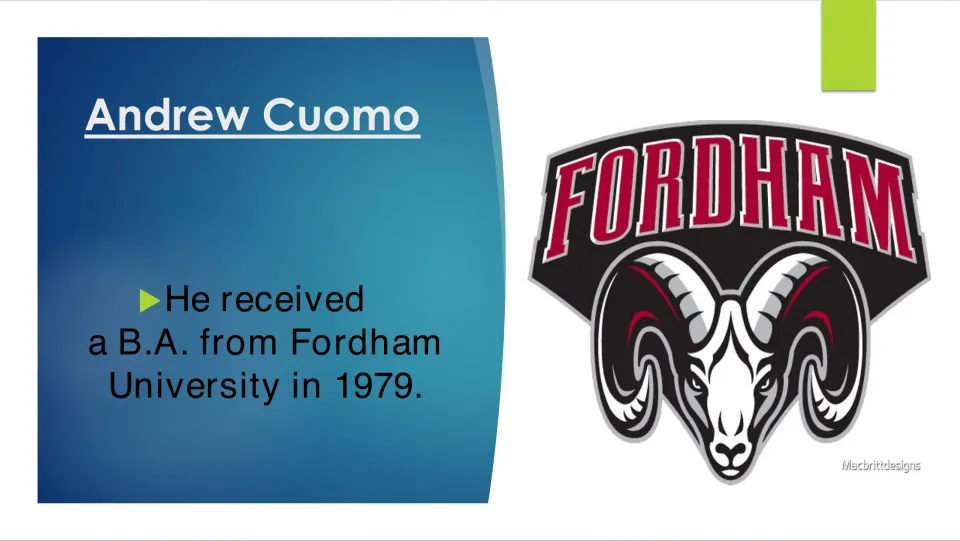 Education biography slide stating that Andrew Cuomo received a B.A. from Fordham University in 1979