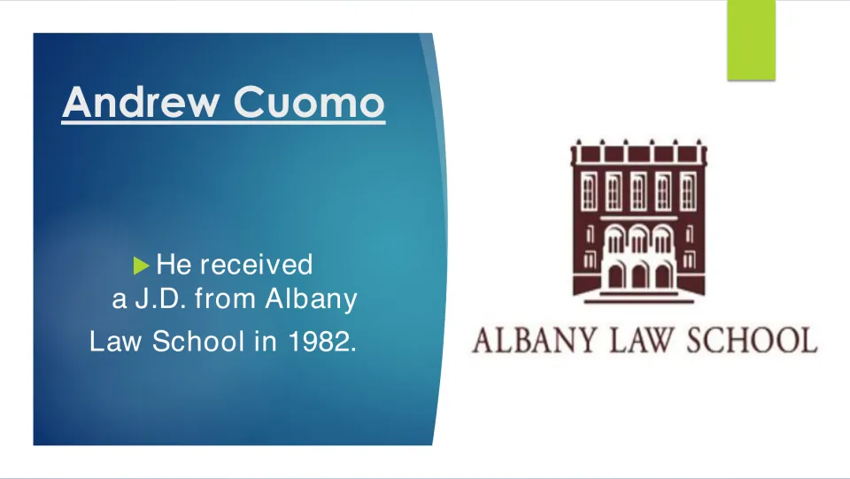 Education biography slide stating that Andrew Cuomo received a J.D. from Albany Law School in 1982