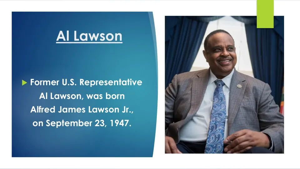 Biography slide giving Al Lawson's full name, Alfred James Lawson Jr., and birth date, September 23, 1947
