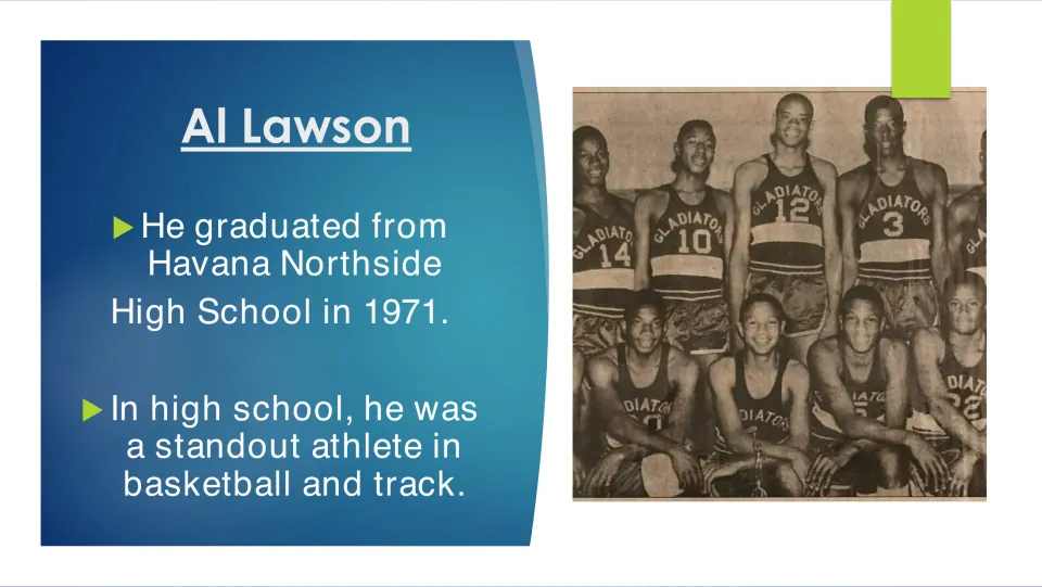 Biography slide stating Lawson graduated high school in 1971 and was a standout in basketball and track