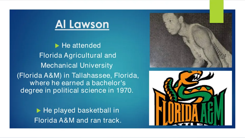 Biography slide covering Lawson's 1970 political science degree at Florida A&M and basketball and track