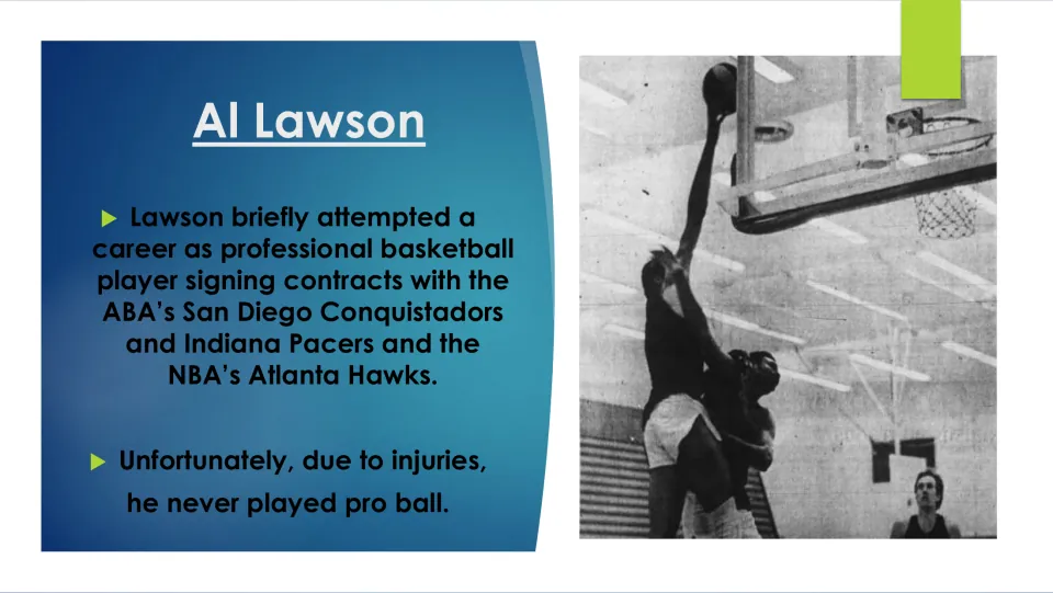 Biography slide describing Lawson's professional basketball contracts and injuries that prevented play