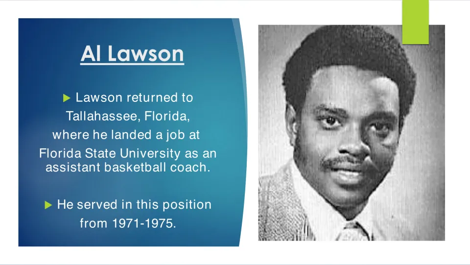 Biography slide describing Lawson's return to Tallahassee and Florida State assistant coaching, 1971–1975