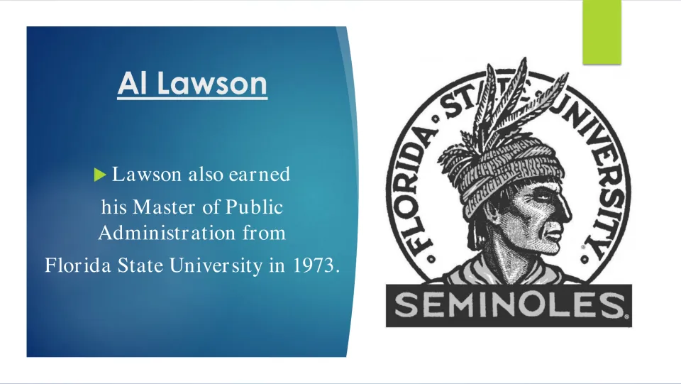 Biography slide presenting Lawson's Master of Public Administration from Florida State University in 1973