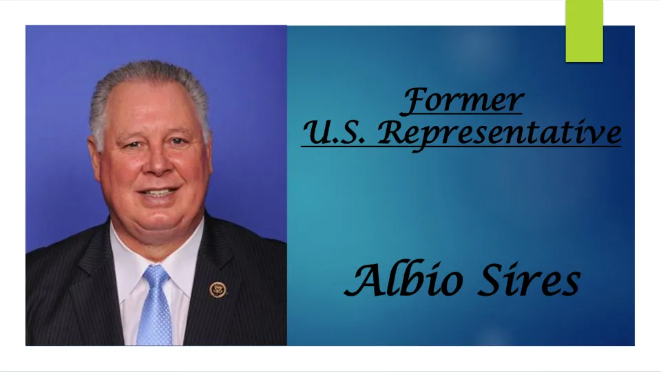 Biography presentation cover identifying Albio Sires as a former U.S. representative, with his portrait