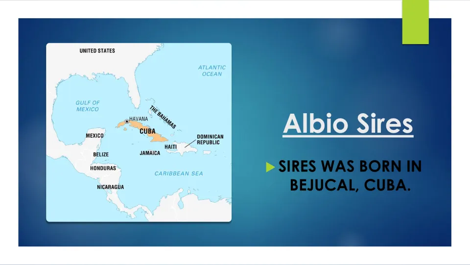 Biography slide identifying Bejucal, Cuba, as Albio Sires’ birthplace, alongside a map showing Cuba