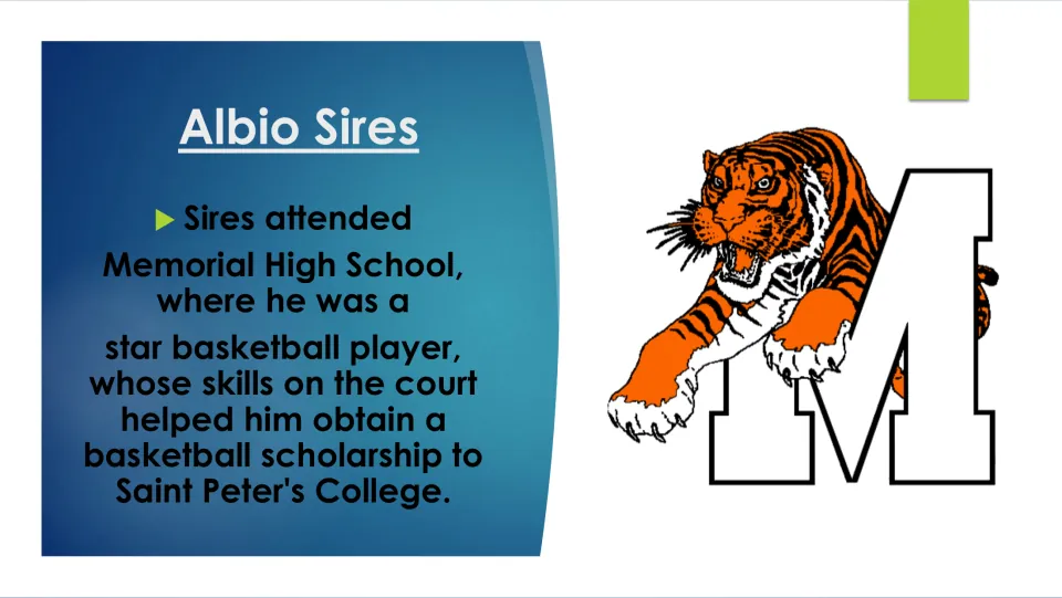 Biography slide on Sires’ basketball success at Memorial High School and scholarship to Saint Peter’s College