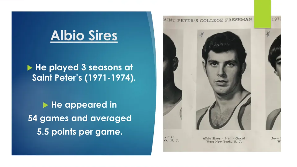 Biography slide on Sires’ three basketball seasons at Saint Peter’s, with 54 games and 5.5 points per game
