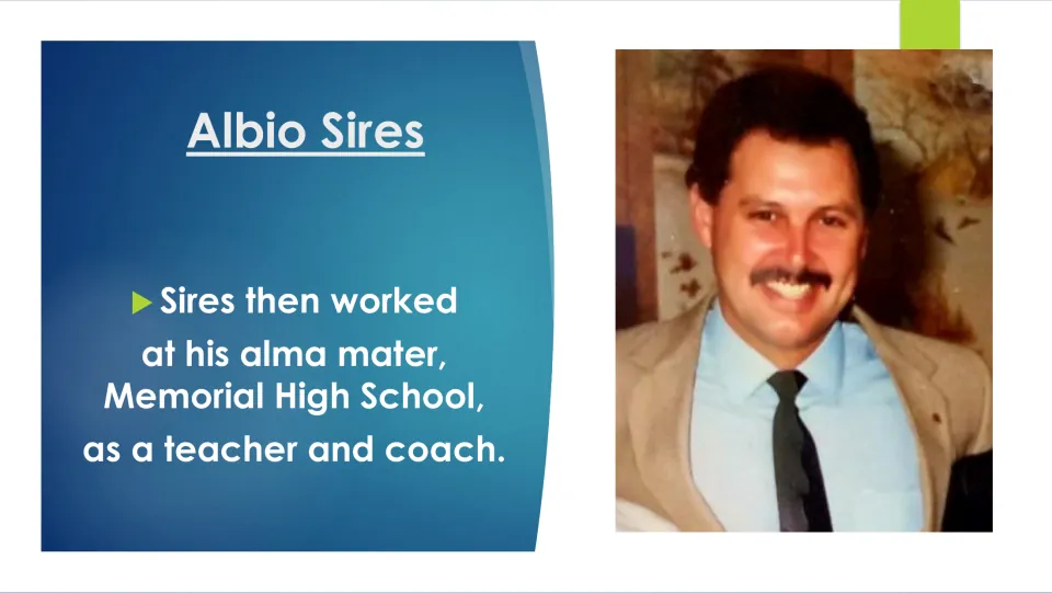 Biography slide describing Sires’ return to his alma mater, Memorial High School, as a teacher and coach