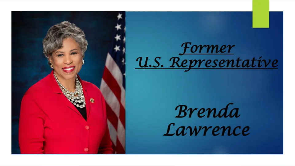 Biography presentation cover introducing former U.S. Representative Brenda Lawrence with her portrait