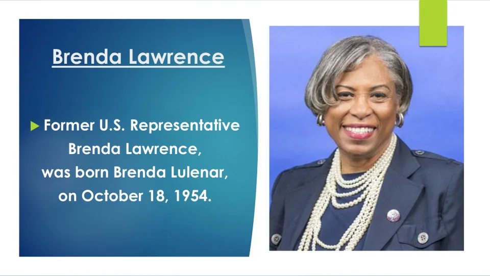 Biography slide identifying Brenda Lawrence’s birth name as Brenda Lulenar and birth date as October 18, 1954