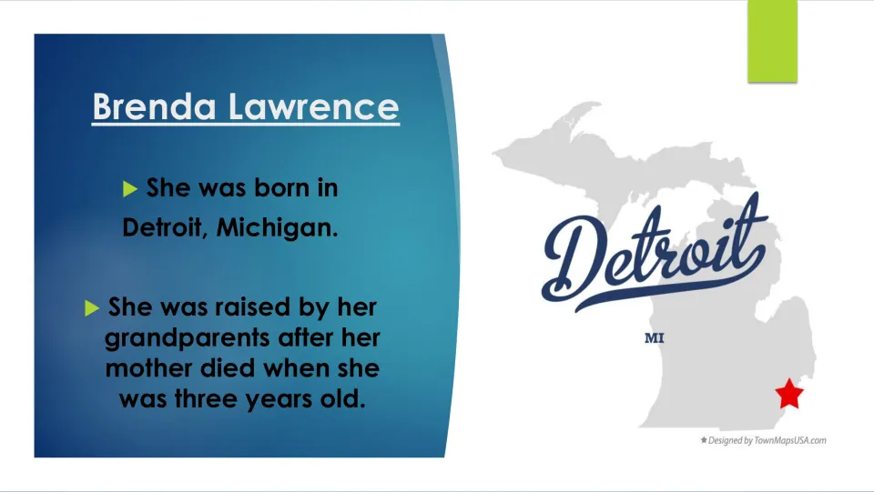 Biography slide on Lawrence’s Detroit birthplace and upbringing by grandparents after her mother’s death