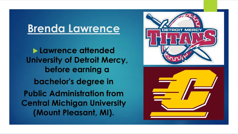 Education slide on Lawrence’s Detroit Mercy attendance and Central Michigan public administration degree