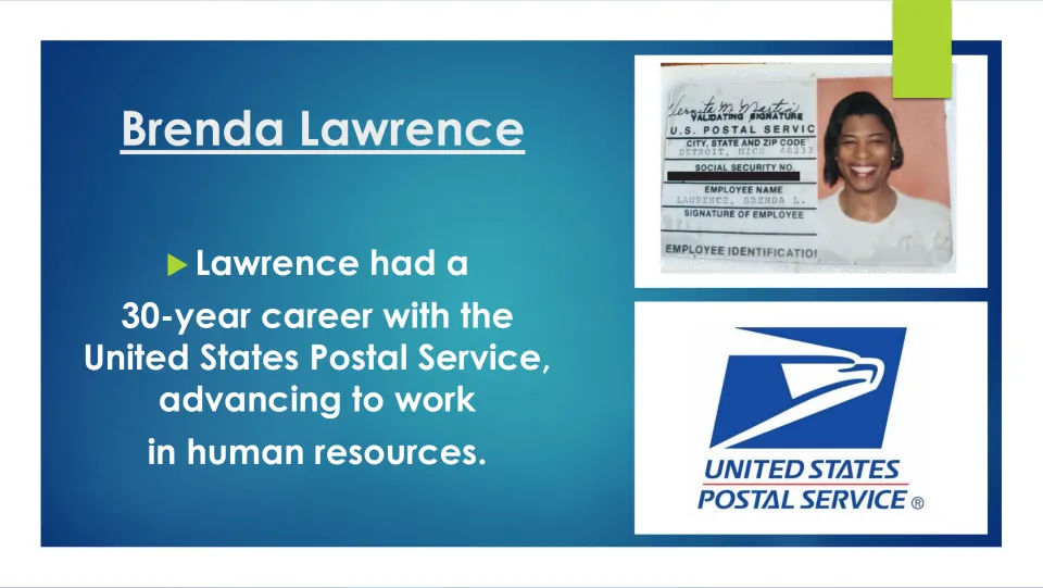 Career slide describing Lawrence’s 30 years with the United States Postal Service, including human resources