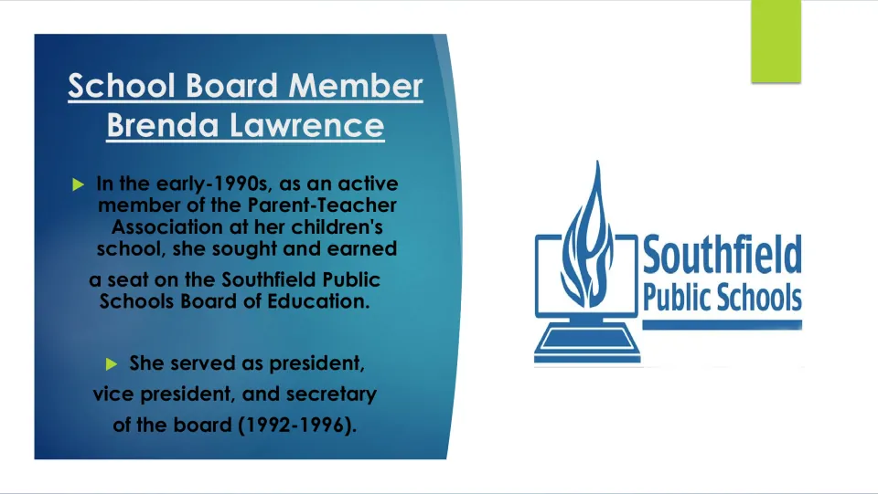 School board slide on Lawrence’s PTA involvement and service as president, vice president, and secretary