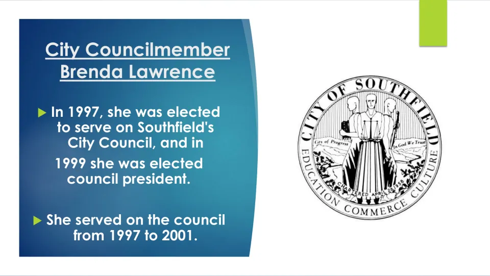 City council slide covering Lawrence’s 1997 election in Southfield and selection as council president in 1999