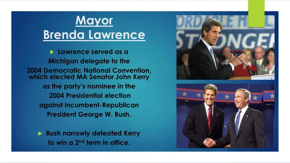 Mayoral slide on Lawrence’s role as a 2004 Democratic convention delegate and the Kerry–Bush presidential race