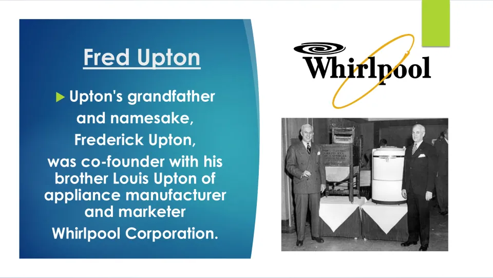 Biography slide identifying Fred Upton's grandfather Frederick and great-uncle Louis as Whirlpool co-founders