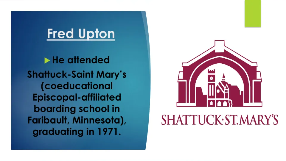 Biography slide covering Fred Upton's attendance at Shattuck-Saint Mary's and his graduation in 1971