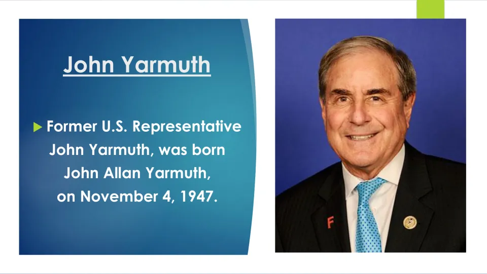 Biography slide giving John Yarmuth’s full name, John Allan Yarmuth, and birth date, November 4, 1947