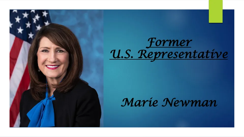 Biography presentation cover identifying Marie Newman as a former U.S. representative, with her portrait
