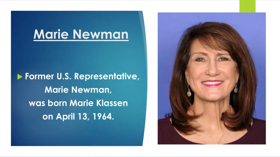Biography slide stating that former U.S. Representative Marie Newman was born Marie Klassen on April 13, 1964