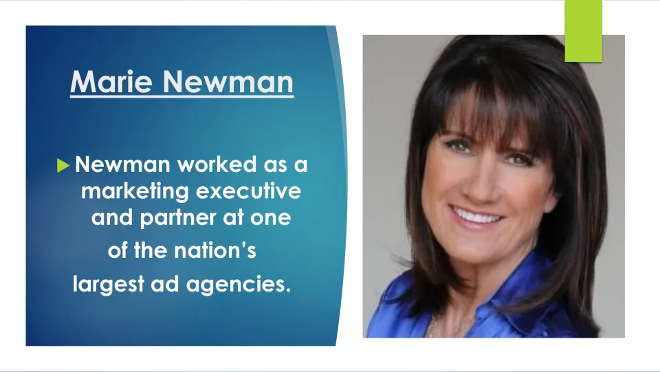 Career slide describing Marie Newman's work as a marketing executive and partner at a major advertising agency