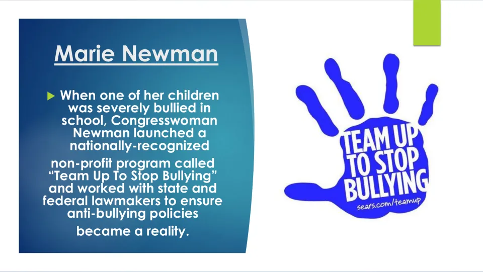 Advocacy slide explaining that bullying of Newman's child led her to launch the Team Up To Stop Bullying program