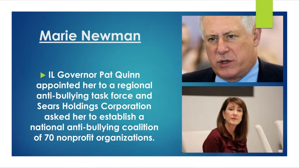 Anti-bullying slide covering Newman's appointment by Pat Quinn and Sears' request for a 70-nonprofit coalition