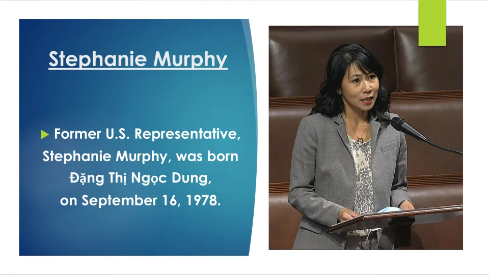 Biography slide giving Stephanie Murphy’s birth name, Đặng Thị Ngọc Dung, and birth date, September 16, 1978