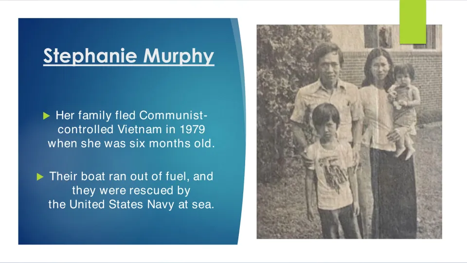 Biography slide recounting Murphy’s family fleeing Vietnam in 1979 and their rescue at sea by the U.S. Navy