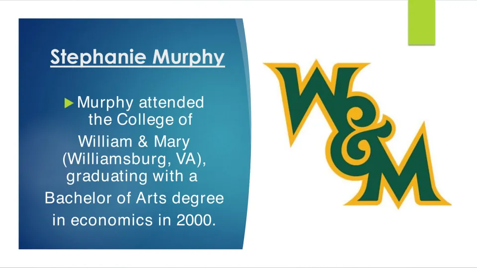 Biography slide describing Murphy’s Bachelor of Arts degree in economics from William & Mary in 2000