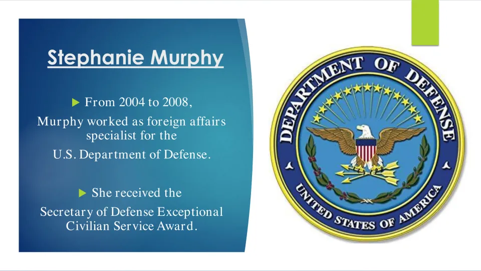 Biography slide covering Murphy’s 2004–2008 Department of Defense work and Exceptional Civilian Service Award