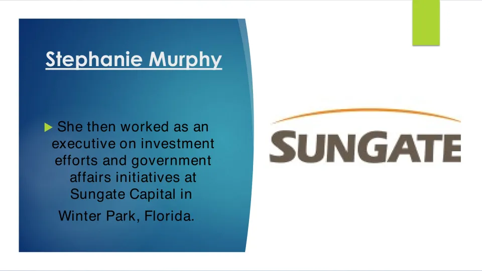 Biography slide describing Murphy’s executive work on investments and government affairs at Sungate Capital