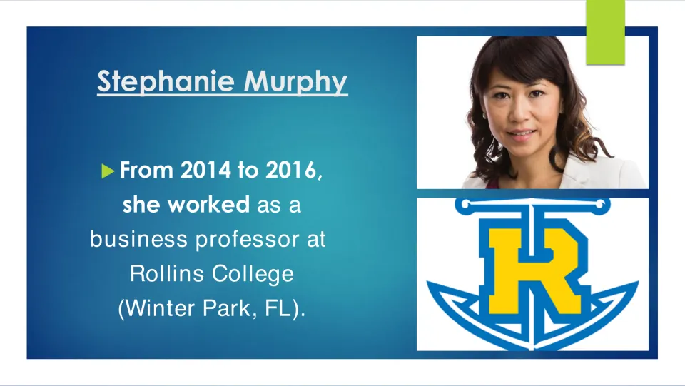 Biography slide describing Murphy’s work as a business professor at Rollins College from 2014 to 2016