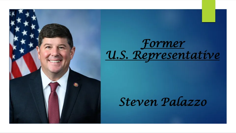 Biography presentation cover introducing Steven Palazzo as a former U.S. representative, with his portrait